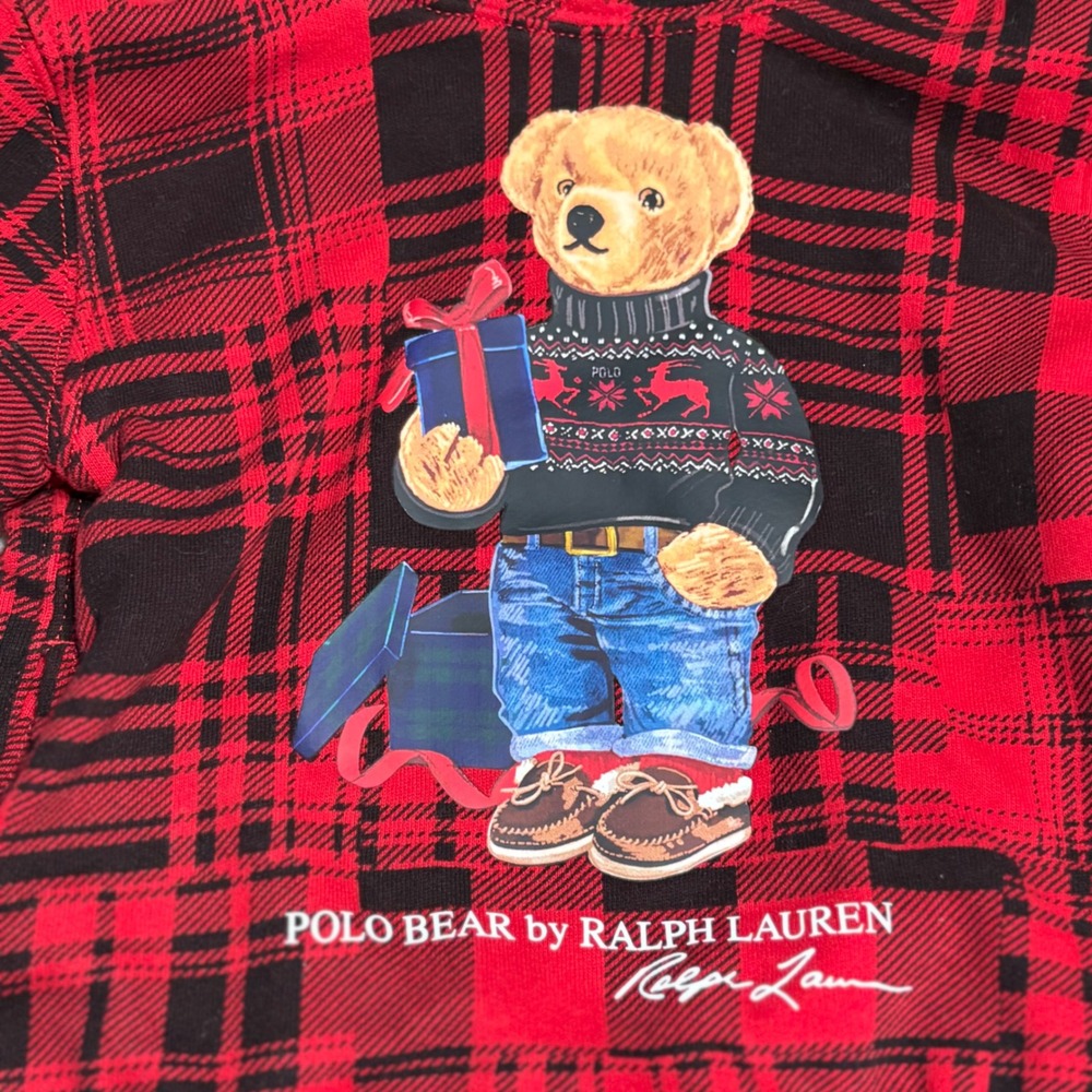 Polo Ralph Lauren Polo Bear Hoodie Size 2 2T Sweater Plaid Holiday Red Patchwork